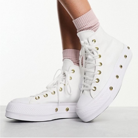 Converse Chuck White High-Top Platform Sneakers with Gold studs women’s 8 - Picture 1 of 9